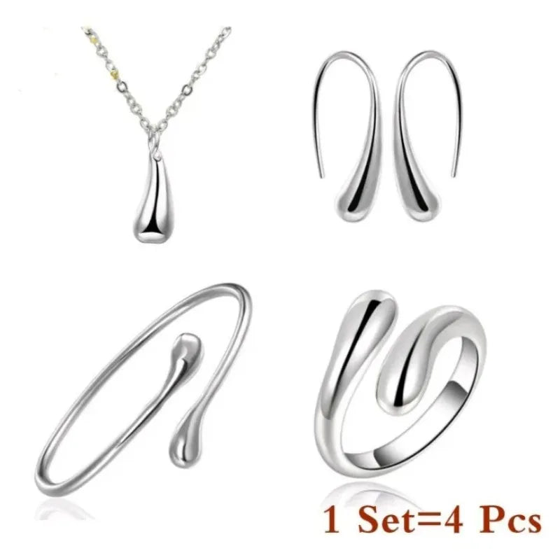 Fashion S925 Silver Needle Four-Piece Jewelry Set - Water Drop Earrings, Ring, and Bracelet Set for Women, Gift-Ready