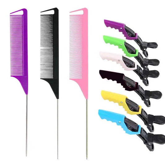 9PCS Professional Hairdressing Alligator Clips and Steel Pins Pointed Tail Picking Comb - Heat-Resistant Anti-Static Supplies