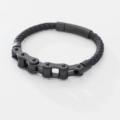 Retro Punk Bike Chain Leather Bracelet with Metal Buckle - Hand-Woven Rock Jewelry for Men, Motorcyclist Party Gift