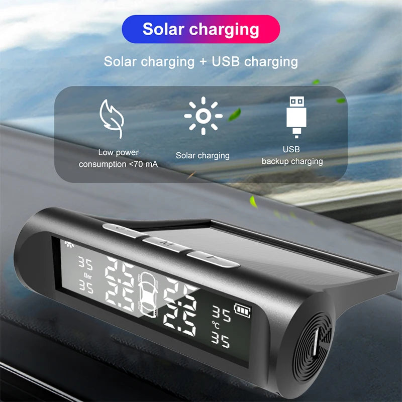 Gmai Solar Power TPMS: Car Tire Pressure Alarm Monitor System | Auto Security Tyre Temperature Warning