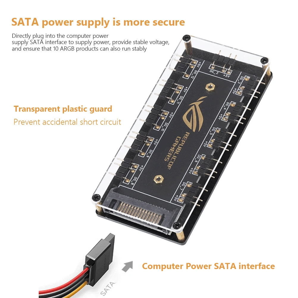 5V 3-Pin ARGB RGBW Cable: ASUS AURA SYNC Compatible, 10 Hub Splitter with SATA Power Extension Adapter - for LED Strip Lights, PC RGB Fans, Coolers