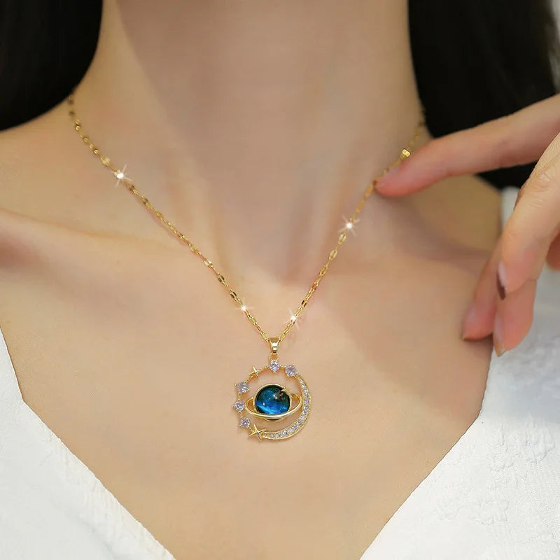 Exquisite Starry Sky Planet Light Necklace – Luxurious Stainless Steel Clavicle Chain with Stars and Moon – Gorgeous Versatile Jewelry