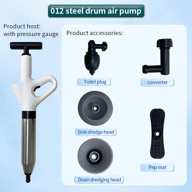 Stainless Steel Toilet Pipe Dredger - Pneumatic Household High-pressure Dredging Tool Set with Thickened Wall Cylinder - Sturdy and Safe