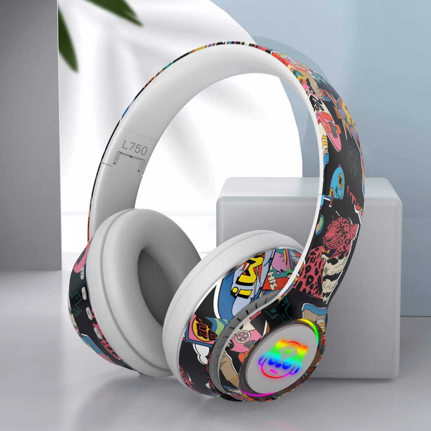 Graffiti Bluetooth 5.1 DJ Headphones – Wireless Gamer Headset with Mic, RGB LED Light, TF Card Support for Kids and PC