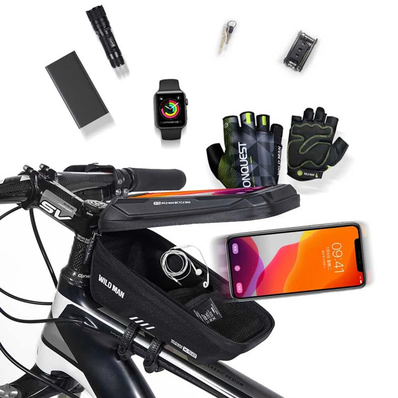 WILD MAN Mountain Bike Bag: Front Handlebar Rainproof Mobile Phone Case - Bicycle Top Tube Bag for Cycling Accessories