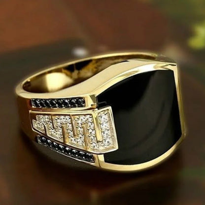 Classic Men's Gold Color Ring with Black Stone Zircon Inlay - Fashion Metal Punk Ring for Engagement and Wedding