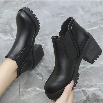 2024 New Autumn Winter Women's Boots - Fashionable Comfortable Round Toe High Heels with Thick Heel - Casual Solid Color