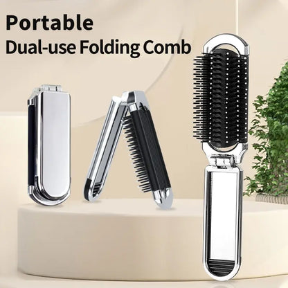 Electroplated Folding Airbag Comb | Portable Massage Comb with Removable Makeup Mirror | Women's Special 2-in-1 Hair Care Tool