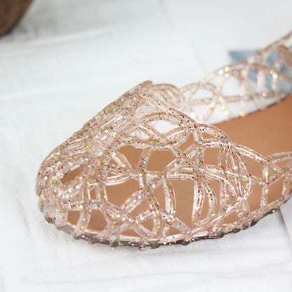 Summer Women's Flat Sandals - Crystal Clogs and Hollow Slip-Ons, Shallow Mouth Roman Jelly Shoes for the Beach