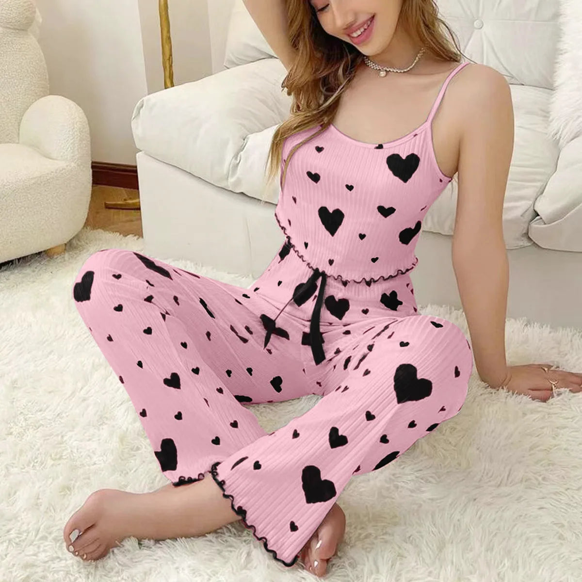 Hot Selling Women's Pajamas Set - 2PCS White Tank Top and Shorts Sleepwear with Red Love Print, Soft and Casual