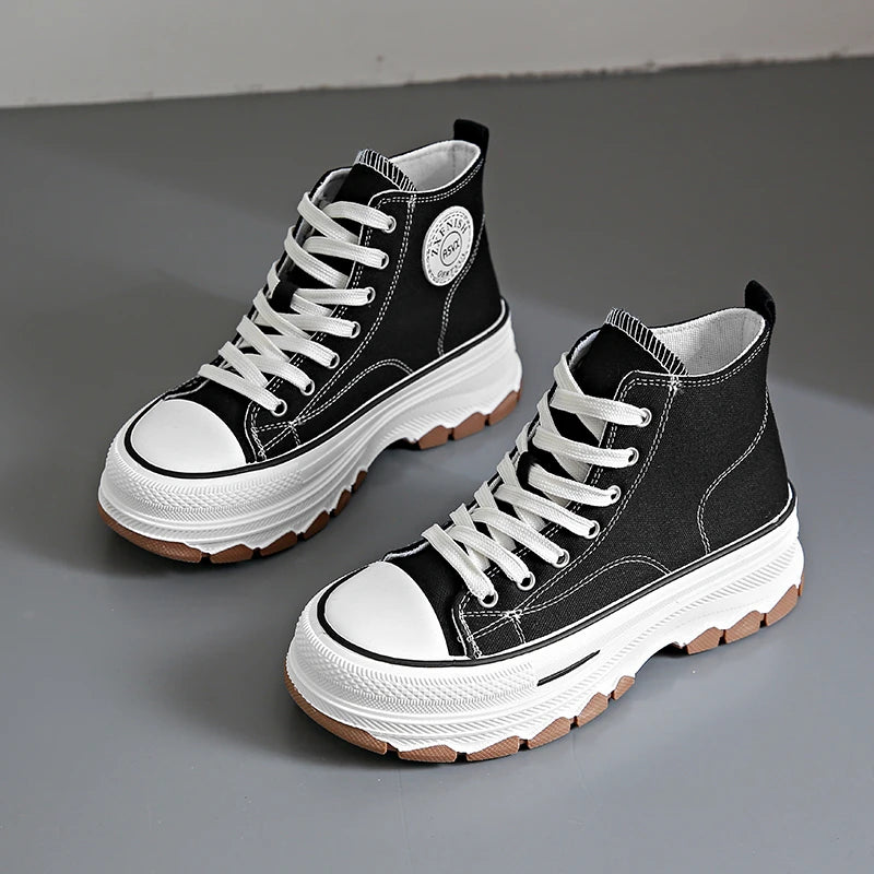 Women's High Top Sneakers - Lace-Up Casual Platform Canvas Shoes, Non-Slip and Wear-Resistant for Spring 2024