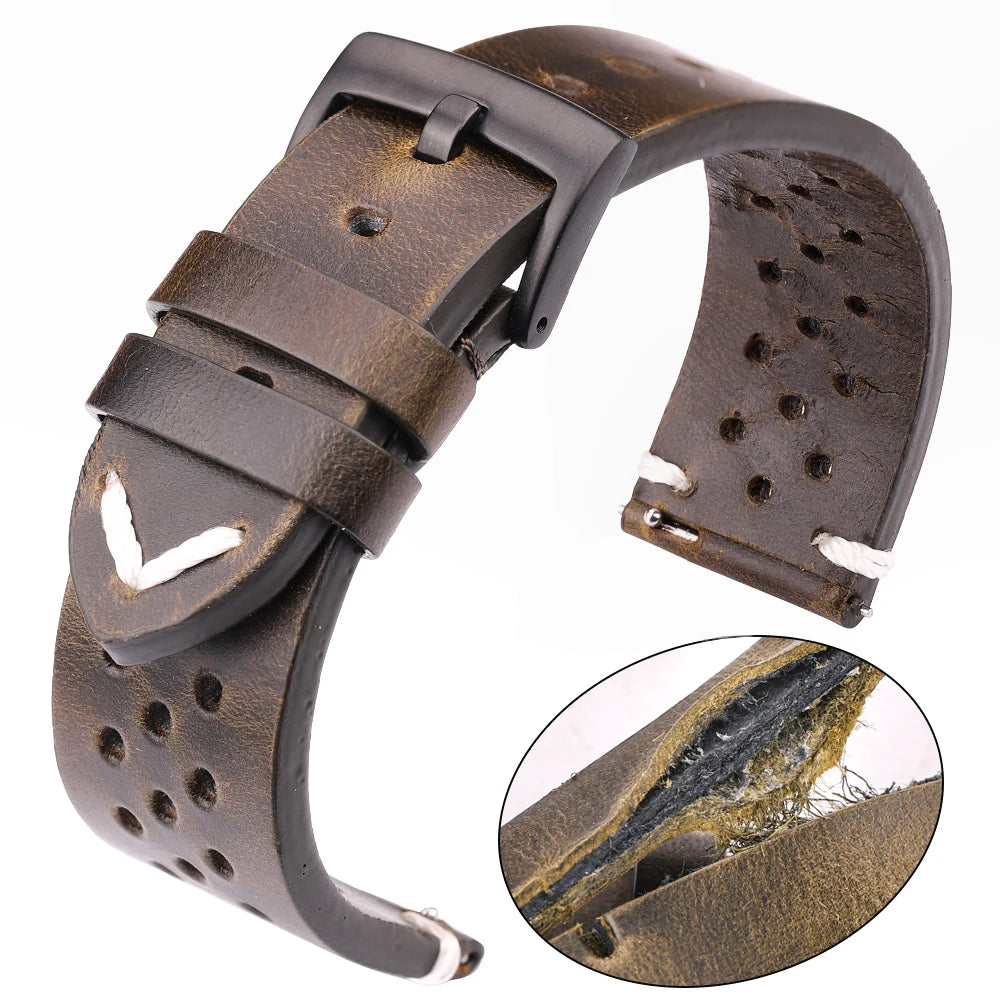 Breathable Genuine Leather Quick Release Watch Strap - 18mm-24mm Cowhide Band in Black, Green, Brown, Yellow - Unisex Watchbands