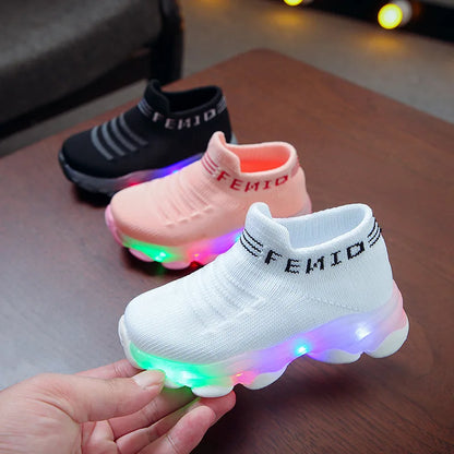 Kids' LED Light-Up Sneakers – Mesh Sport Shoes with Luminous Letters for Baby Girls & Boys, Light-Up Socks Design