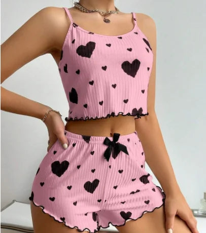 Hot Selling Women's Pajamas Set - 2PCS White Tank Top and Shorts Sleepwear with Red Love Print, Soft and Casual