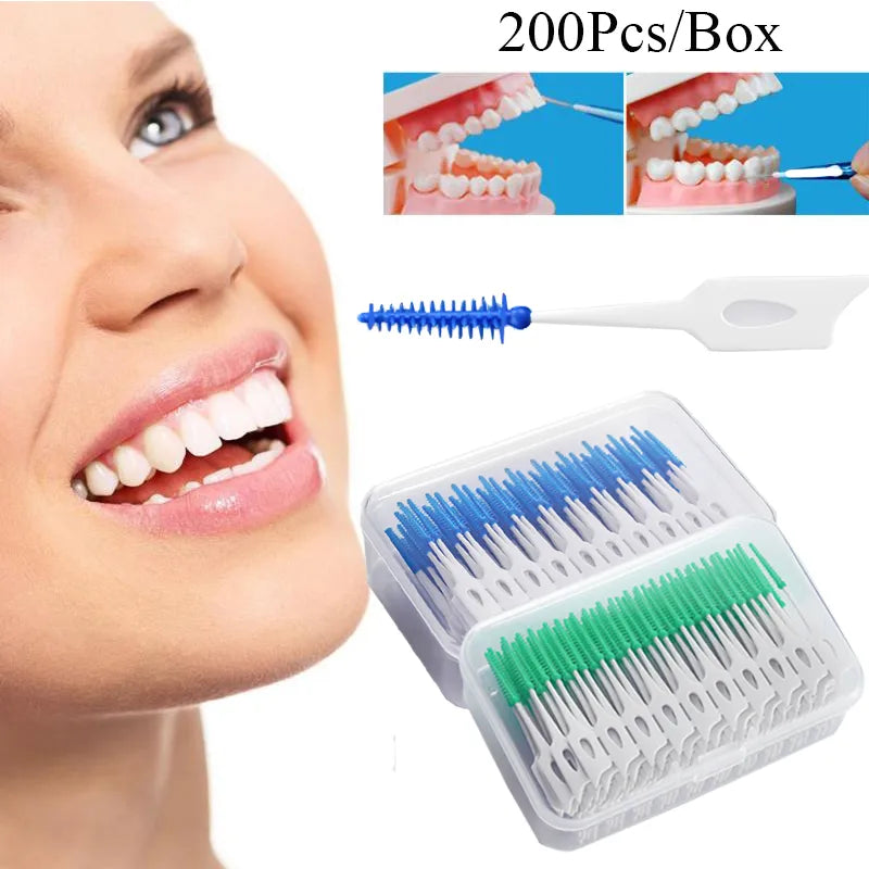 200 Units Interdental Silicone Brushes: Dental Toothpicks with Thread for Effective Oral Cleaning