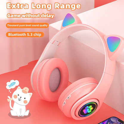 P91H Cute Cat Ears Bluetooth Wireless Headphones – With Mic, LED Flash Light, Stereo Music, Foldable Design