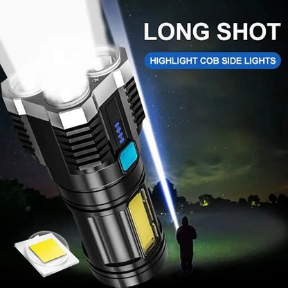 High Power LED Flashlight – Camping Torch with 4 Lamp Beads, COB Side Light, Rechargeable Portable Hand Lantern, 4 Lighting Modes