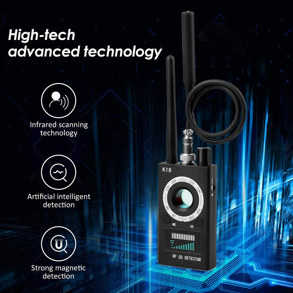 K18 Multi-Function Anti-Spy Camera Detector - Wireless Lens Device Finder, 1MHz-6.5GHz GSM Audio Bug and GPS RF Signal Tracker