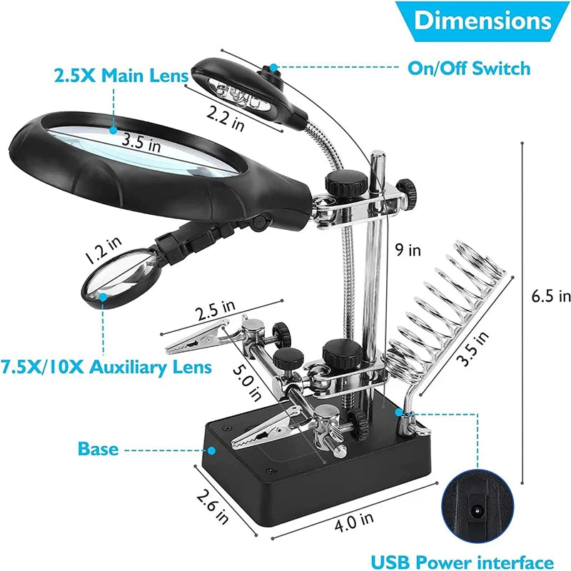 3 Hand Soldering Iron Stand Welding Tool: Magnifying Glass Illuminated LED Alligator Clip Holder Clamp - Helping Repair Equipment