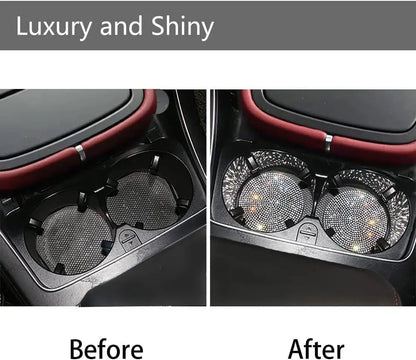 Sparkle Your Ride: 2pcs Cute Bling Car Cup Holder Coaster Mat with Rhinestone - Universal Anti-Slip Automotive Interior Accessories for Women and Girls