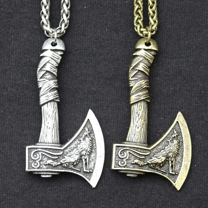 Trendy Retro Viking Tomahawk Pendant Necklace - Double-Sided Crow and Prairie Wolf Charm, Men's Metal Accessory for Parties