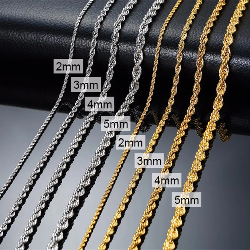 Men's Long Twist Rope Chain Necklace | Stainless Steel Minimalist Design | Available in Gold and Silver Colors | 2 to 5mm