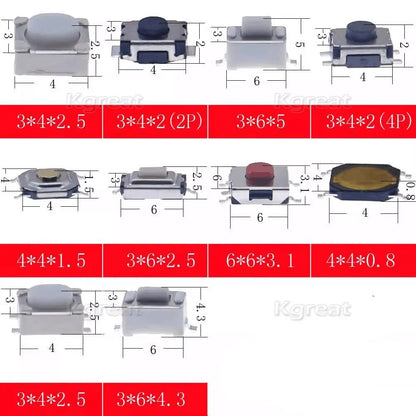 Durable Car Remote Control Tablet Actile Push Button Switch - 100/200/250pcs 10 Types with Touch Microswitches