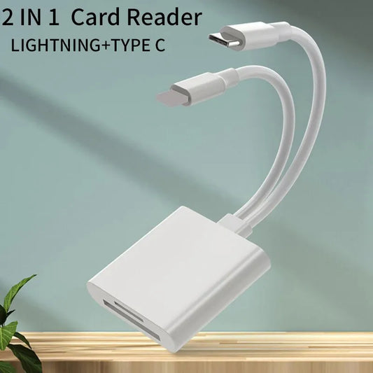 2 in 1 OTG Card Reader – Type C & Lightning to SD/TF Memory Card Adapter – For PC, Laptop, iPhone – No App Required