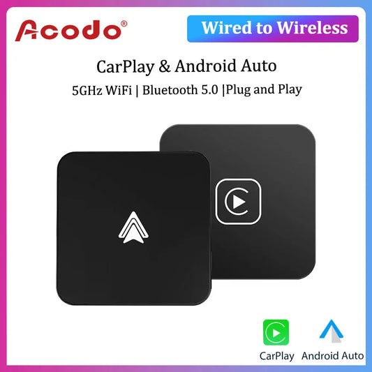 Acodo Wired to Wireless CarPlay Adapter – Android Auto Smart Dongle Mini Box with Plug and Play Bluetooth Connectivity and USB Interface