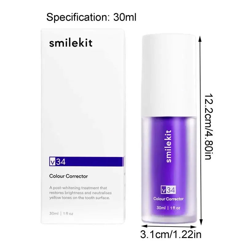 30ml V34 SMILEKIT Purple Whitening Toothpaste - Stain Removal, Yellowing Reduction, Teeth and Gums Care for Fresh Breath and Brightening Teeth