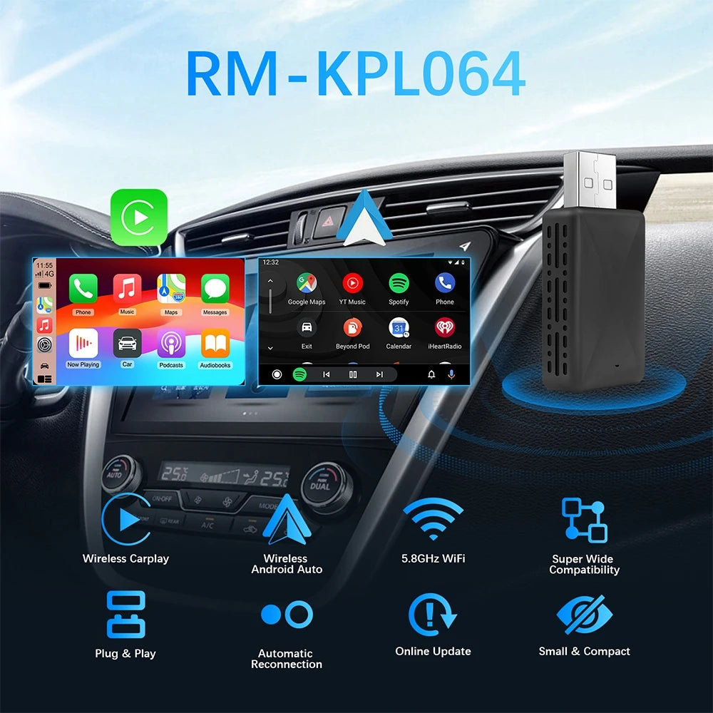 Wired to Wireless CarPlay and Android Auto AI Box - 2 in 1 Mini Adapter, Plug and Play Dongle for Fast Connection Compatible with 99% of Cars