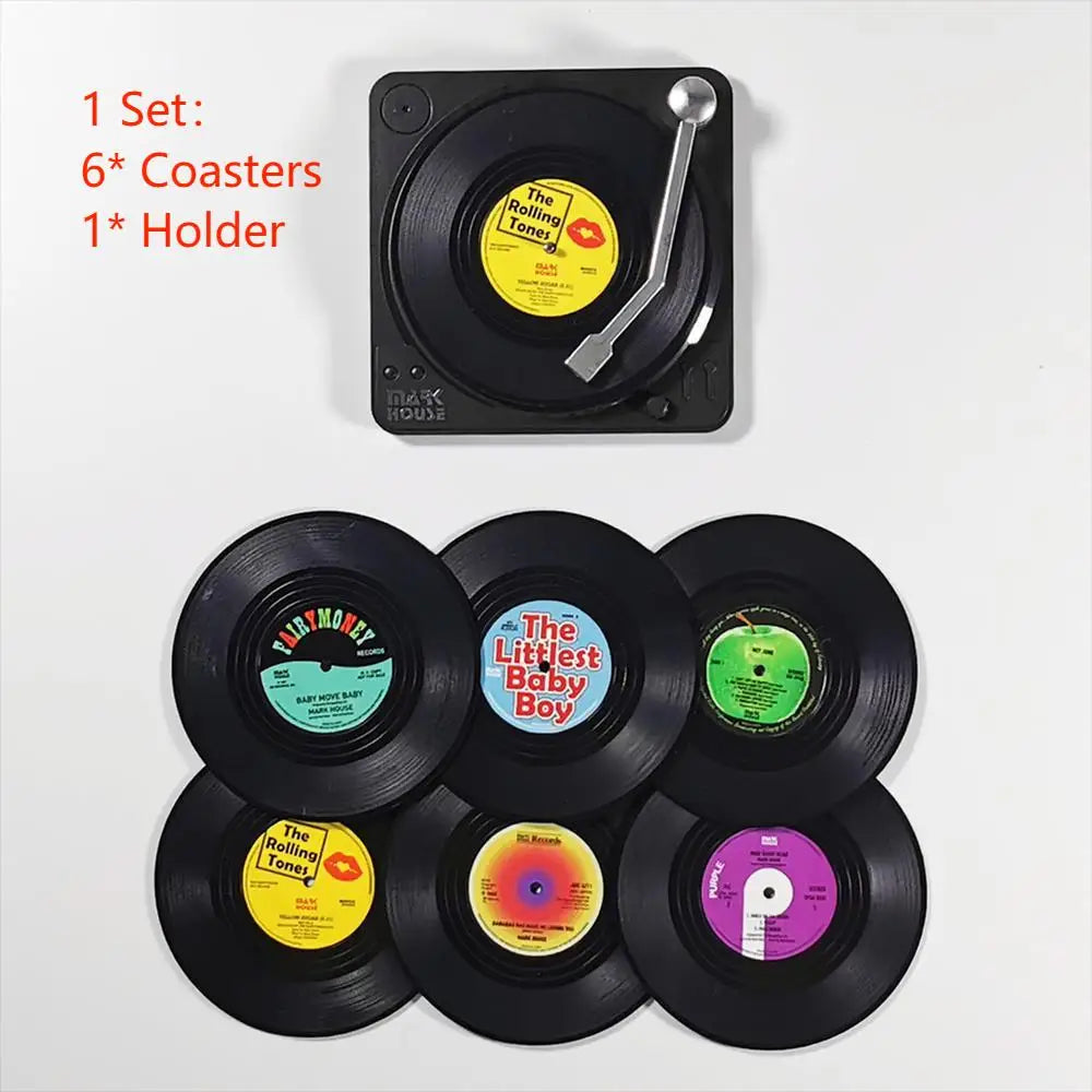 Set of 6 Vinyl Coasters – Retro Music Coasters with Vinyl Record Player Holder | Creative Record Disk Mug Pad Mat for Drinks