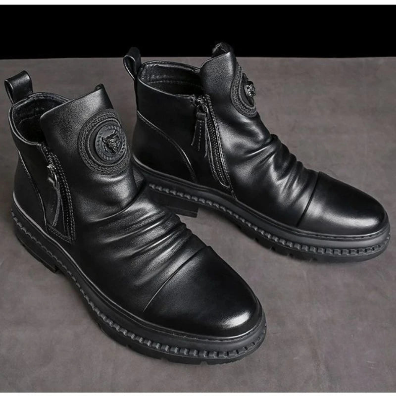 Men’s Motorcycle Leather Boots – British Style High-Top, Round Head, Side Zip, Casual Platform Walking Boots