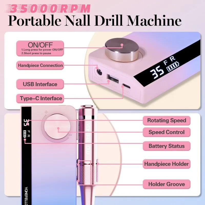 Professional 35000RPM Electric Nail Drill Manicure Machine - Pause Mode Electric Nail File Sander for Acrylic and Gel Nails