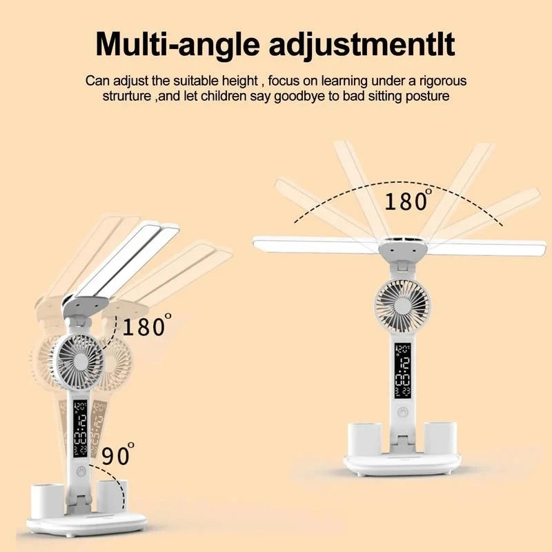 Rechargeable Table Lamp with Fan: Study Desk Lamp LED Reading Light - LED Clock Display