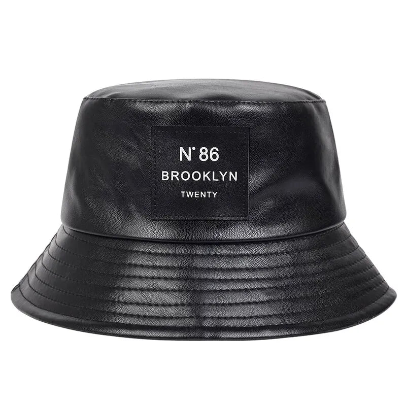 Unisex N86 Label PU Leather Bucket Hat - Personality Fisherman Cap with Sunscreen, Casual Outdoor Wear