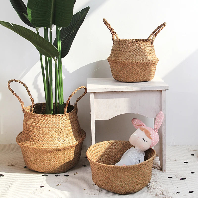 Multi-Purpose Straw Wicker Storage Baskets: Hanging Flowerpot, Seagrass Laundry Basket - Home & Garden Decor Solution