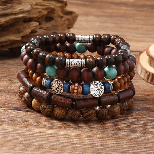 Ethnic 4-5pc Wood Bead Bracelets Set – Tree, Cactus, Hamsa Hand, Butterfly Charms – Bohemian Style for Men and Women – Trendy Female Jewelry