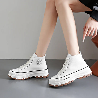 Women's High Top Sneakers - Lace-Up Casual Platform Canvas Shoes, Non-Slip and Wear-Resistant for Spring 2024