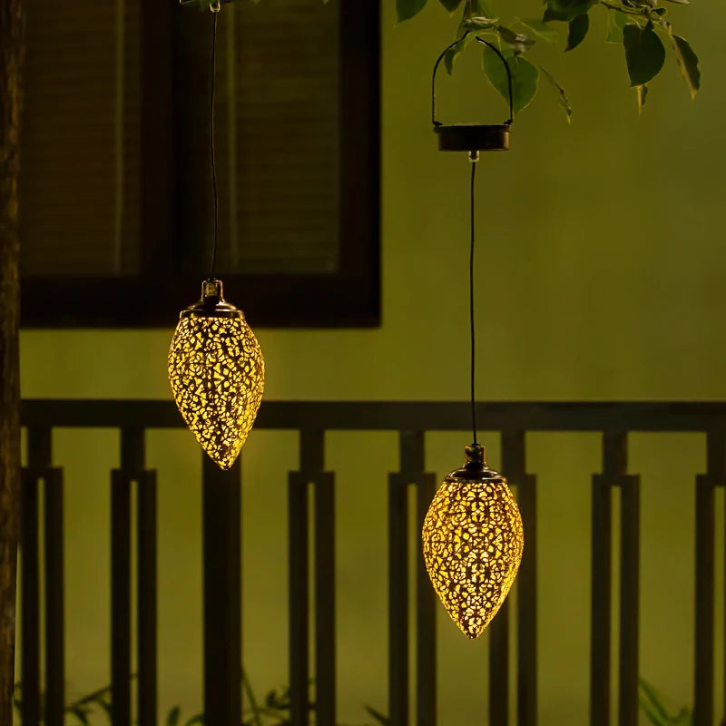 Hanging Solar Water Drop Lights - LED Garden Lights with Metal Hollowed-Out Design, Waterproof Outdoor Decoration