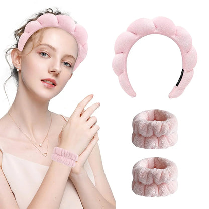 Fashion Microfiber Washing Wristbands Set: Scrunchies & Puffy Headband - Spa Bubble for Face Makeup Shower Skincare