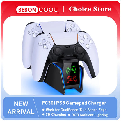 BEBONCOOL FC300 RGB Controller Charging Station - Dual Fast Charger with LED Indicator for PlayStation 5 Gamepad