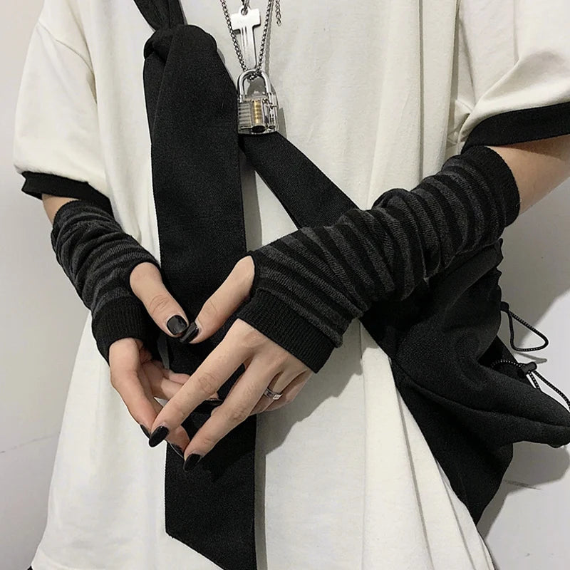 Punk Striped Fingerless Gloves: Long Sleeve Knitted Arm Warmers for Women and Men - Hip-Hop Style Elastic Winter Accessories for Outdoor Fun