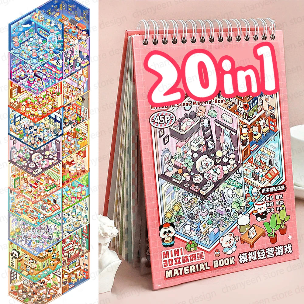 20Pcs 20 in 1 Cartoon Landscape 3D Sticker Book - DIY Pocket Cabin Scene Stickers Gift for Kids