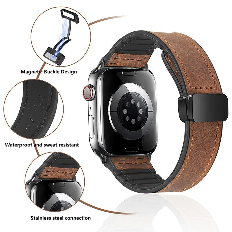 Genuine Leather Strap for Apple Watch | Magnetic Bracelet for 49mm, 44mm, 45mm, 41mm, 40mm, 38mm, 42mm | Compatible with Ultra Series 9, 8, 7, SE, 6