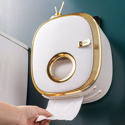 Wall-Mounted Toilet Paper Container Holder - Luxury Bathroom Organizer with Drawer and Roll Paper Shelf