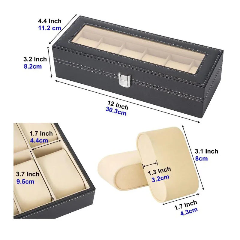 6-Slot PU Leather Watch Box – Jewelry Organizer Display Case with Glass Top