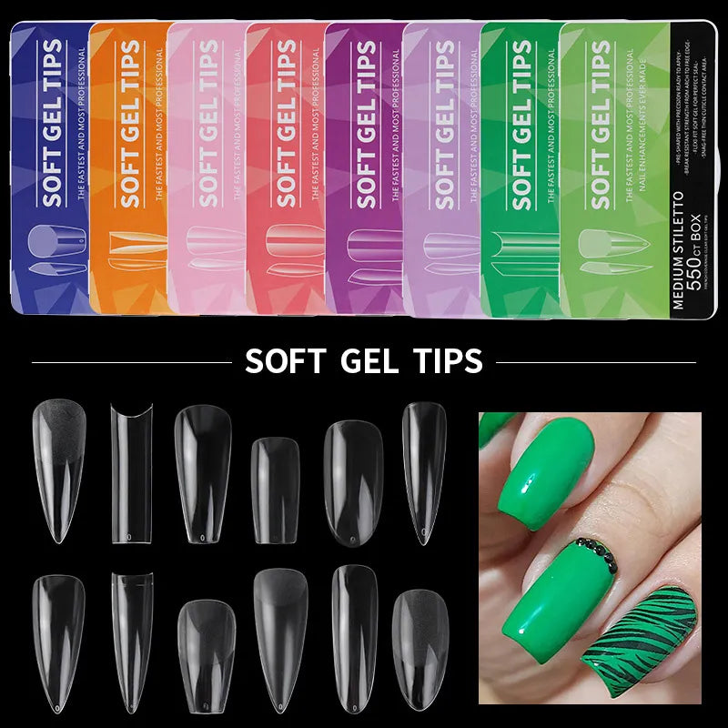 Clear Acrylic False Nails: PINPAI Almond French Coffin Capsules - Full & Half Cover Long Fake Nail Set - Artificial Nail Soft Gel Tips