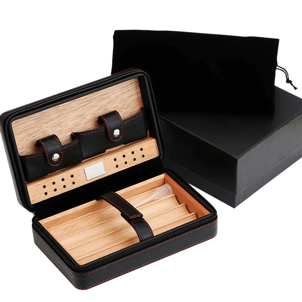 Portable Leather Cigar Humidor Box Set - Travel Cedar Wood Cigar Case with Cutter and Lighter - Essential Cigar Accessories