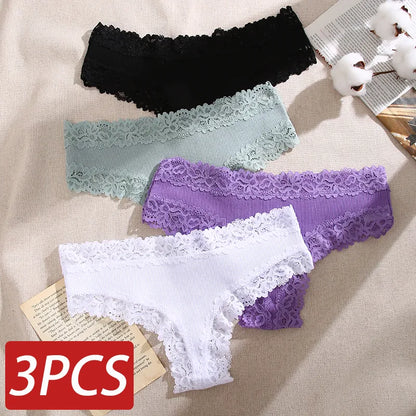 3PCS Lace Seamless Cotton Panties: Ribbed Brazilian Pants, Low Waist Women's Breathable Underwear - Plus Size Lingerie for Girls
